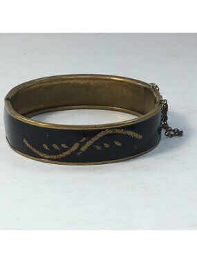 Vintage Brass Bangle Bracelet Black Enamel Gold Embossed Hinge Clasp Closure 8"